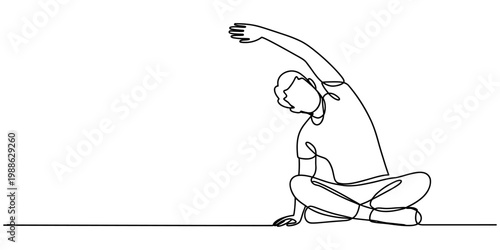 Continuous line drawing of a man sitting cross-legged and performing a side stretch exercise