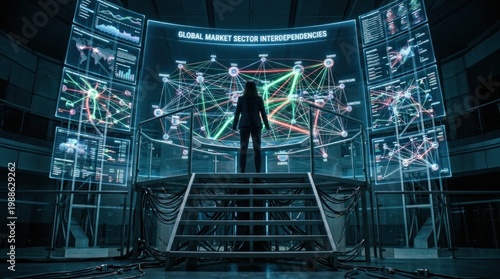 A person stands in front of a large screen displaying global market data