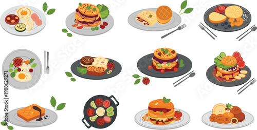 Healthy breakfast and dinner food set with pancakes burgers salad and gourmet meals isolated flat vector illustration collection.