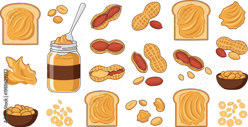 Peanut butter jar with toast bread and raw peanuts collection set for healthy breakfast isolated flat vector illustration.