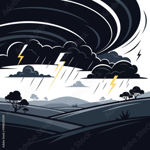 Illustration of a stormy weather landscape with lightning and rain.