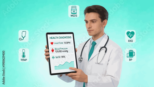 Doctor with health diagnosis on tablet