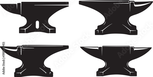 Two black anvil illustrations with distinct shapes on transparent background silhouette.Black anvil vector illustration.