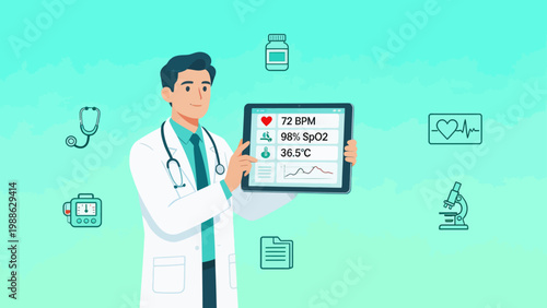 Doctor with medical stats on tablet