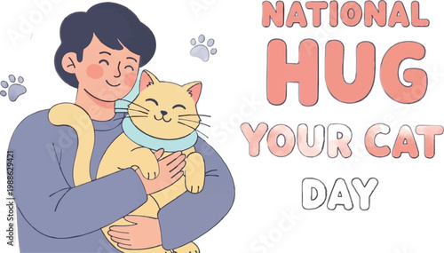 National Hug Your Cat Day, Cat Lover, Feline Friend, Cute Cartoon Illustration