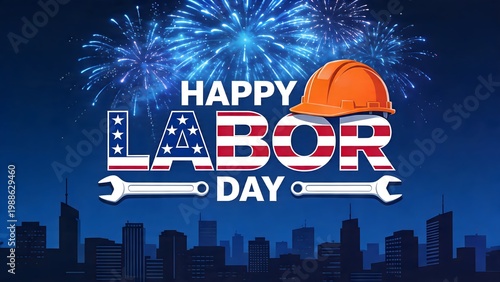 Orange safety hard hat resting on bold happy labor day text with American flag colors and shining fireworks display background