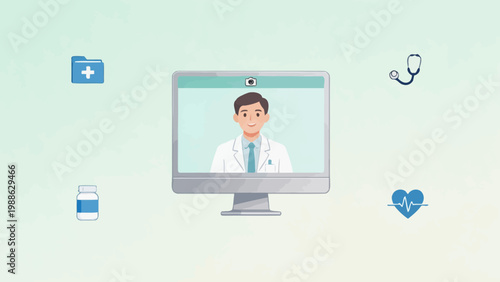 Doctor on computer screen with medical icons