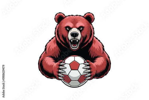 A fierce cartoon grizzly bear with a determined expression fiercely clutches a soccer ball ready for action on transparent background.