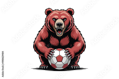 A fierce cartoon grizzly bear with a determined expression fiercely clutches a soccer ball ready for action on transparent background.