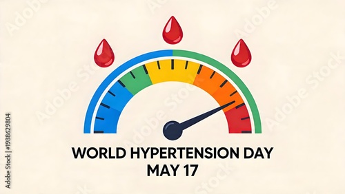 A colorful blood pressure gauge illustrating the risks associated with high blood pressure during world hypertension day in may seventeen