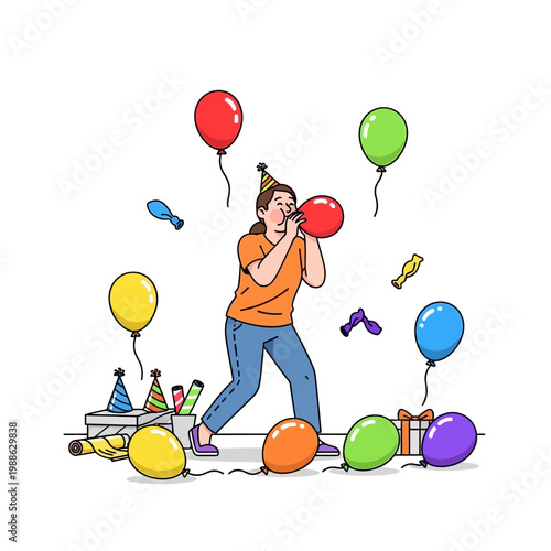 Woman playing with colorful balloons and party accessories.