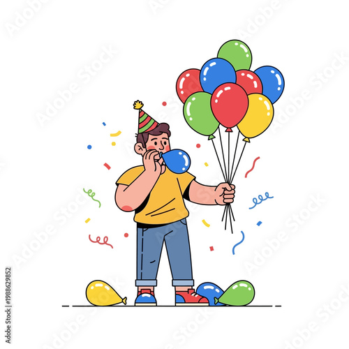 A man celebrating with colorful balloons.