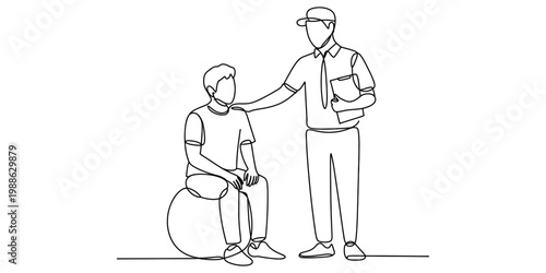 A single continuous line drawing of a personal trainer guiding a man sitting on a fitness ball