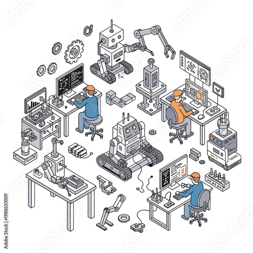 People working with industrial robots machinery.