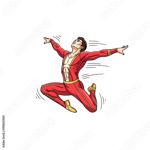 A man in a red jumpsuit jumping.