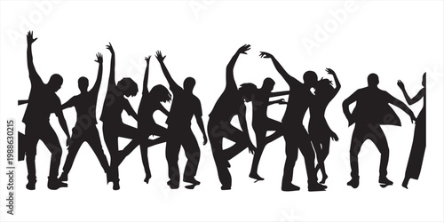 Large set of black silhouettes featuring people dancing jumping singing with microphones and celebrating at a party isolated on white background for entertainment design