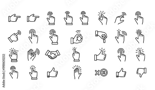 Hand gesture icons collection with swipe tap handshake and finger signs linear vector