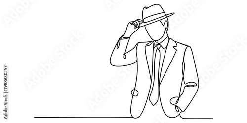 A single continuous line drawing of a mysterious man in a suit and hat tipping his brim respectfully