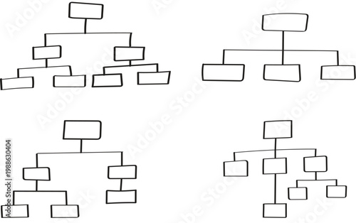 Set of hand-drawn organizational chart templates or hierarchical diagrams. diagrams represent structures such as family trees, or workflow plans.