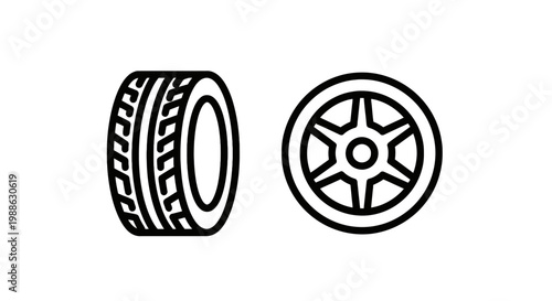 Tire and wheel icon set representing automotive parts and vehicle components with automobile component transport transportation mechanic illustration