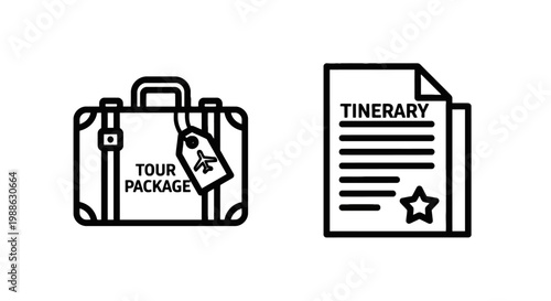 Travel planning and itinerary icons with suitcase and document suitcase itinerary document schedule vacation destination adventure illustration