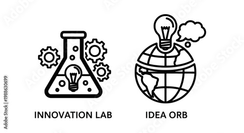 Innovation lab with flask and gears idea orb with lightbulb above globe innovation laboratory research development creativity brainstorming discovery