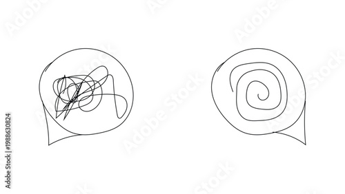 Scribble chaos and order concepts portrayed with tangled lines and neat spiral in speech bubbles.