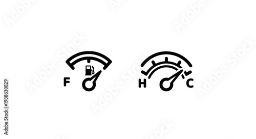 Fuel gauge and temperature gauge icons with temperature indicator dashboard measurement instrument pressure transport technology information