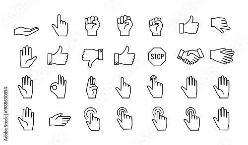 Hand gesture outline icons set with pointing thumbs handshake and swipe vector illustration