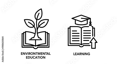 Environmental education and learning icons with graduation cap self improvement tree of knowledge education system plant growth learning process