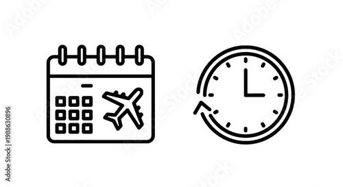 Calendar with airplane icon and clock with recycle arrows conveyor belt round trip schedule management calendar airplane schedule planning rotation