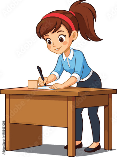 A young woman cheerfully writes at a wooden desk with supplies