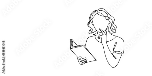 Foto Continuous line drawing of a pensive woman reading an open book with her hand on