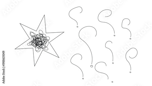 Star with scribble inside and multiple question marks on transparent background.