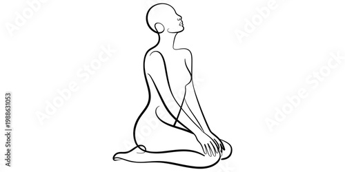 Minimalist continuous line drawing of a woman in a seated pose with a calm and peaceful expression