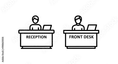 Reception and front desk staff line icons showing receptionist person sitting at desk with laptop for hotel and business office concepts reception customer