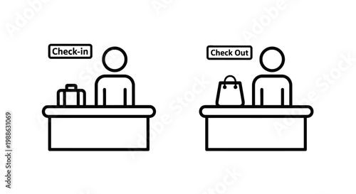 Check in and check out line icons for hotel or airport service with person at counter and luggage bag symbols suitcase receptionist departure vacation