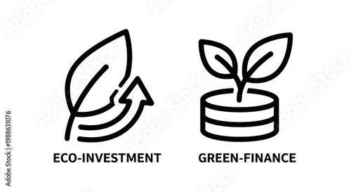 Minimalist icons for eco-investment and green finance concepts featuring sustainable growth symbols with leaf arrow and money plant on white background