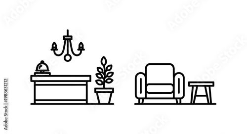 Minimalist line icon set representing hotel lobby reception desk with service bell chandelier potted plant and comfortable armchair furniture, reception