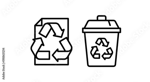 Eco friendly recycling line icons featuring paper sheet with universal recycle symbol and waste bin for sustainable environment protection, recycling