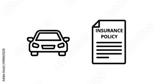 Automobile insurance policy icons representing car protection coverage and legal agreement documents in a clean linear style with insurance, protection