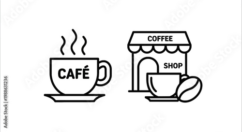 Coffee culture icons showing a steaming cafe cup on a saucer and a coffee shop storefront with an awning and bean beverage espresso building breakfast