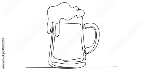 A continuous single line drawing of a beer mug featuring a large frothy head on a white background