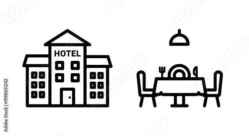 Hospitality industry symbols featuring a hotel building icon and a restaurant dining table set icon for travel services restaurant accommodation building