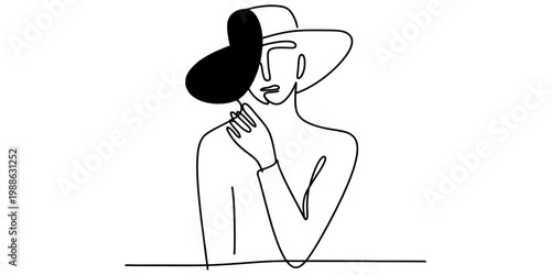 Minimalist continuous line art illustration of a fashionable woman wearing a wide brimmed hat