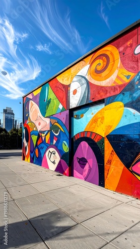 A vibrant, geometric mural dominates a building exterior under a bright blue sky with wispy clouds, a sidewalk in foreground