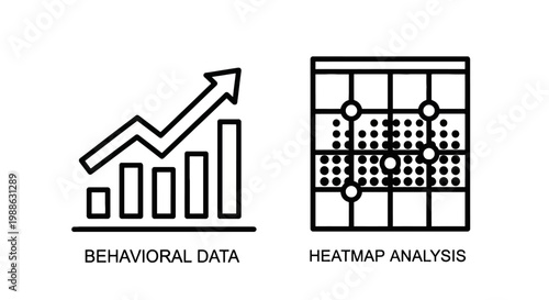 Behavioral data chart with growth arrow and heatmap analysis grid icons representing user research and statistics behavioral analysis statistics research