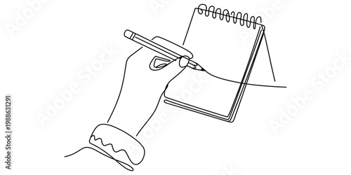 A single continuous line drawing of a hand holding a pencil and writing on a spiral bound notepad