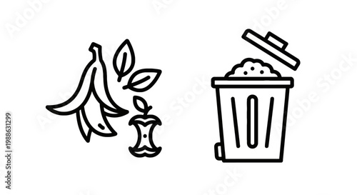 Organic food waste icons featuring banana peel apple core and trash can for composting and recycling environment ecological sustainability disposal