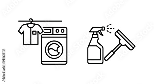 Household cleaning and maintenance icons including a laundry washing machine with clothes and window cleaning spray bottle with squeegee cleaning domestic